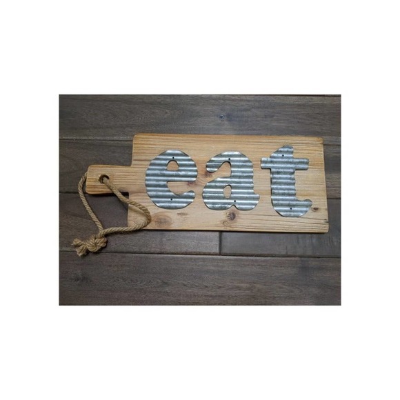 World Market Wooden Cutting Board Wall Decor Eat Galvanized Metal Rope Handle - Picture 1 of 6